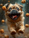 Funny pug dog running in rain of dog food Royalty Free Stock Photo