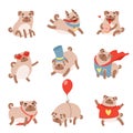 Funny Pug Dog Set, Cute Pet Animal Character in Different situations Vector Illustration Royalty Free Stock Photo