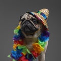 Funny pug dog with straw hat and hawaiian wreath