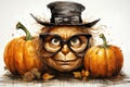 Funny pumpkin face with glasses and hat isolated on white background. Halloween concept Generative AI Generative AI Royalty Free Stock Photo