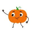 Funny pumpkin goes and waves his hand. Cute character in the style of flat.