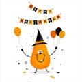 Funny pumpkin with kind emotions. With balloons for the Halloween holiday. In a cartoon style