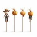 Funny Pumpkins People On Stick Stock Photo Royalty Free Stock Photo