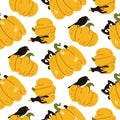 Funny pumpkins with seamless pattern and black candle, raven, cat. Yellow pumpkins on a white background. Seamless cute texture. A