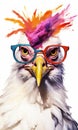 Funny punk chicken with glasses. Cool bird. Animal illustration