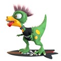 Funny punk dinosaur character surfing