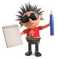 Funny punk rocker aids his memory with a notepad and pencil, 3d illustration