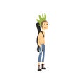 Funny punk rocker with guitar bag on shoulders. Guy with green mohawk dressed in ripped jeans with chain. Cartoon