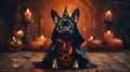 Funny puppy in black Halloween costume, cute pet dog with pumpkins Royalty Free Stock Photo