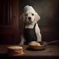 Funny puppy dog in chef cooking hat.