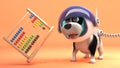 Funny puppy dog in space explores Mars and finds an abacus, 3d illustration