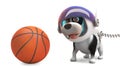 Funny puppy dog in spacesuit playing with basketball, 3d illustration Royalty Free Stock Photo