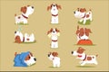 Funny puppy daily routine set, cute little dog in his evereday activity colorful character
