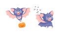 Funny Purple Bat Character Carrying Pumpkin and Singing Vector Set