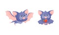 Funny Purple Bat Character Eating Apple and Fluttering Vector Set