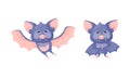 Funny Purple Bat Character Fluttering and Standing Vector Set