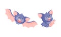 Funny Purple Bat Character Sitting and Fluttering Vector Set