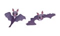 Funny Purple Bat with Cute Snout Flying Vector Set