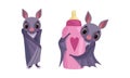 Funny Purple Bat with Cute Snout Standing and Holding Baby Bottle Vector Set