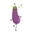 Funny Purple Eggplant Character Dancing Moving Hand and Legs Vector Illustration