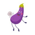 Funny Purple Eggplant Character Kicking Ball with Its Belly Vector Illustration