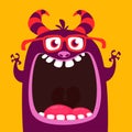 Funny purple horned cartoon monster wearing eyeglasses. Funny monster with mouth opened wide. Halloween vector illustration. Royalty Free Stock Photo