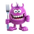 Funny purple monster cartoon character holding cutlery isolated on transparent background Royalty Free Stock Photo