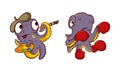 Funny Purple Octopus Character with Tentacles with Brush and Palette Drawing and Boxing Vector Set Royalty Free Stock Photo