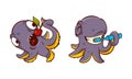 Funny Purple Octopus Character with Tentacles Brushing Teeth and Eating Cherry Vector Set Royalty Free Stock Photo