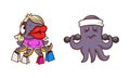 Funny Purple Octopus Character with Tentacles Doing Shopping and Lifting Dumbbell Vector Set Royalty Free Stock Photo