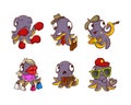 Funny Purple Octopus Character with Tentacles Engaged in Different Activity Vector Set