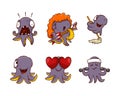 Funny Purple Octopus Character with Tentacles Engaged in Different Activity Vector Set