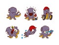 Funny Purple Octopus Character with Tentacles Engaged in Different Activity Vector Set Royalty Free Stock Photo