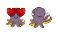 Funny Purple Octopus Character with Tentacles Feeling Love and Drinking Hot Coffee Vector Set