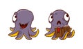 Funny Purple Octopus Character with Tentacles Reading Book and Smiling Vector Set Royalty Free Stock Photo