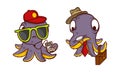 Funny Purple Octopus Character with Tentacles in Tie Carrying Briefcase and Listening to Music Player Vector Set