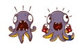 Funny Purple Octopus Character with Tentacles Wearing Footwear and Screaming Vector Set Royalty Free Stock Photo