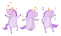 Funny Purple Unicorn Sitting and Singing Vector Illustration Set Royalty Free Stock Photo