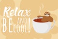 Funny quote relax and be cool and vector hand drawn illustration of cute sloth bear sitting in a cup of coffee in cartoons style o