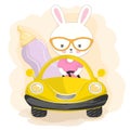 Funny rabbit with baby bottle with milk go by car. Royalty Free Stock Photo