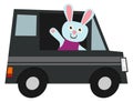 Funny rabbit in car. Cartoon driving animal icon