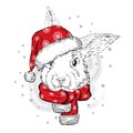 Funny rabbit in Christmas hat. Christmas and New Year.