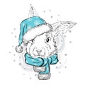 Funny rabbit in Christmas hat.