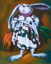 Funny rabbit in a dress with carrots. Oil Painting on canvas.