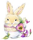 Funny rabbit and flower watercolor illustration.