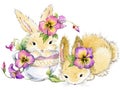 Funny rabbit and flower watercolor illustration.