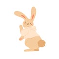 Funny rabbit in hoodie dancing demonstrate fluffy tail vector flat illustration. Cute bunny in clothes smiling having