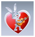 Funny rabbit playing guitar on the background of big red heart.