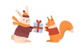 Funny rabbit in warm clothes giving gift box to cute squirrel vector flat cartoon illustration. Happy childish animals