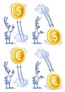 Funny rabbit watches as dollar and euro soars up and falls down. Royalty Free Stock Photo